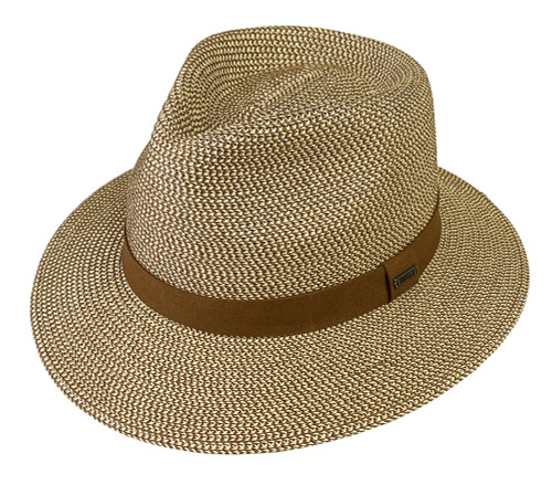Tri-colored woven paper safari hat is adorned with a suede band. 2 1/2” brim provides shade from the sun. Inside matching grosgrain sweatband. COLOR: Cinnamon Mix. SIZES: Specify: M, L, XL.