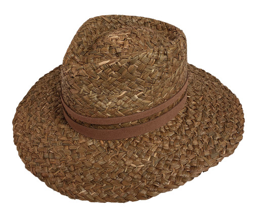 Natural raffia wide braid safari style. Featuring a double wrapped faux suede band. Inside adjustable sweatband. Sun shading 2 1/2” brim. COLOR: Tobacco. 
SIZE: One size fits some.