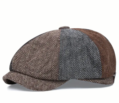 Multi Patch Herringbone Cotton Blend Newsboy Cap