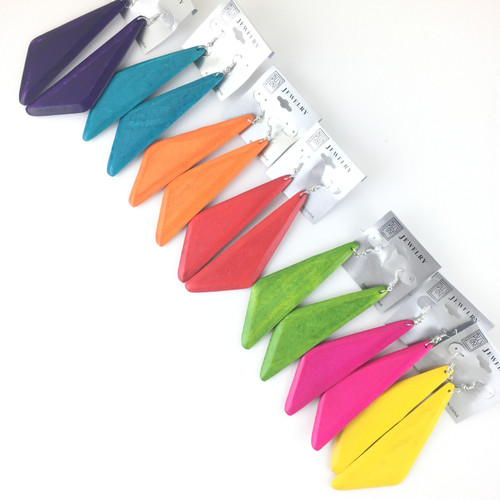 Long Colorful Triangular Wood Earrings 