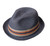 	
Our popular 1 1/4” stingy brim, pinch front fedora in a melanged color paper braid with a striped pattern around the crown to emulate a ribbon band. Inside grosgrain sweatband. COLORS: Pewter, Storm Cloud, Blues, Tan. SIZES: Specify: M, L, XL, XXL. 