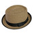 Tricolor mixed paper braid pork pie with a classic grosgrain ribbon band and bow. Upturned stingy brim measures 1 1/2”. Inside matching grosgrain sweatband. COLORS: Tan, Bluestone. SIZES: Specify: S/M or L/XL 