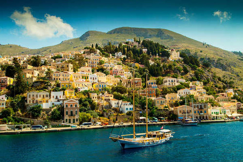 Jual Poster Greece Houses Sailing Yacht Symi Bay Hill 1Z