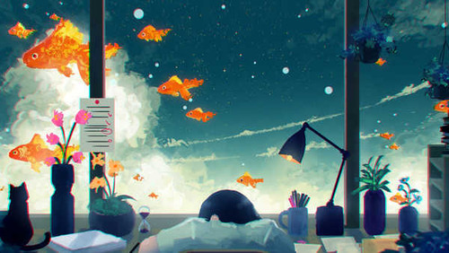 Poster Cat Cloud Goldfish Lamp Sky Window Anime Original APC