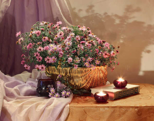 Jual Poster Still life Asters Candles Wicker basket Book Cup WPS