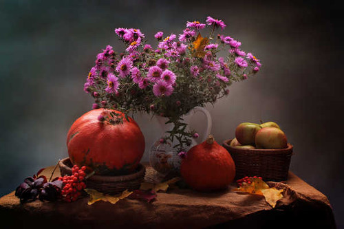 Jual Poster Still life Asters Pumpkin Sorbus Wicker basket WPS