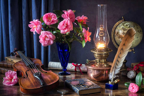 Jual Poster Still life Camellia Kerosene lamp Violin Feathers WPS Jual Poster Still life Camellia Kerosene lamp Violin Feathers WPS
