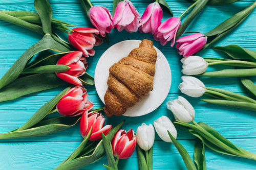 Jual Poster Croissant Flower Pink Flower Red Flower Still Life Tulip Viennoiserie Food Croissant APC