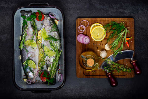 Jual Poster Fish Food Lemons Garlic Dill Spices Cutting board 1Z
