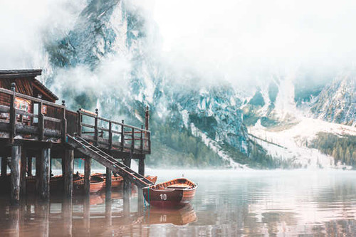 Jual Poster Boats Lake Mountains Italy Lake Braies Fog 1Z