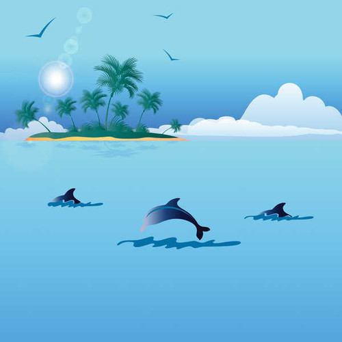 Jual Poster Island Sea Dolphins Vector Graphics Palms 1Z