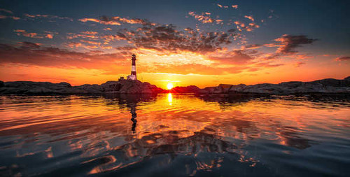 Jual Poster sunset lighthouse beach stones 5k WPS