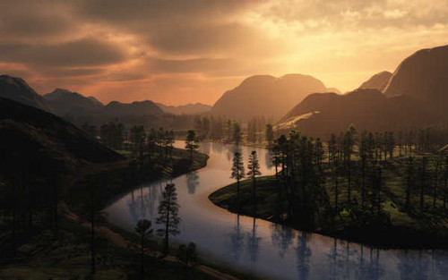 Jual Poster sunset river stormy mountains WPS