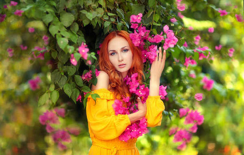 Jual Poster Girl Model Pink Flower Redhead Woman Yellow Dress Models Model APC