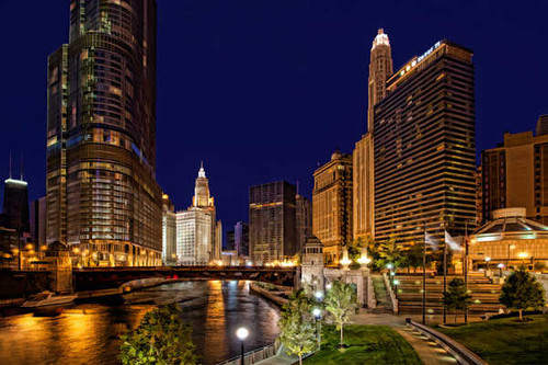 Jual Poster Artistic Bridge Building Chicago City Cityscape Light Man Made Night Cities Chicago APC