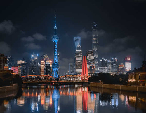 Jual Poster Building China City Night Reflection River Shanghai Skyscraper Cities Shanghai7 APC