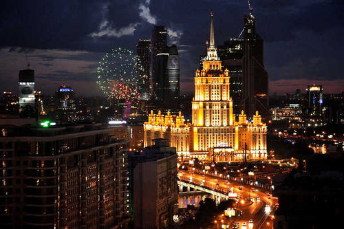 Jual Poster Building Fireworks Light Moscow Night Russia Skyscraper Cities Moscow APC