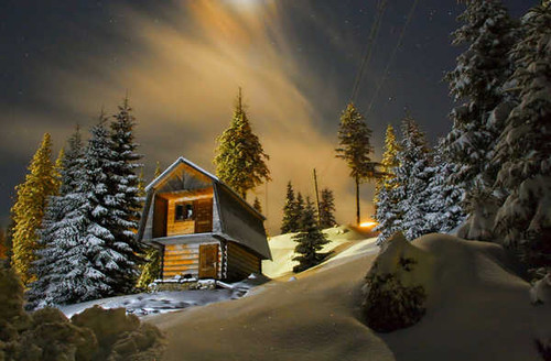 Jual Poster Cabin House Night Snow Tree Winter Man Made Cabin APC