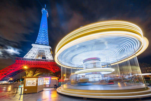 Jual Poster Carrousel Eiffel Tower French Flag Light Night Paris Time Lapse Monuments Eiffel Tower APC