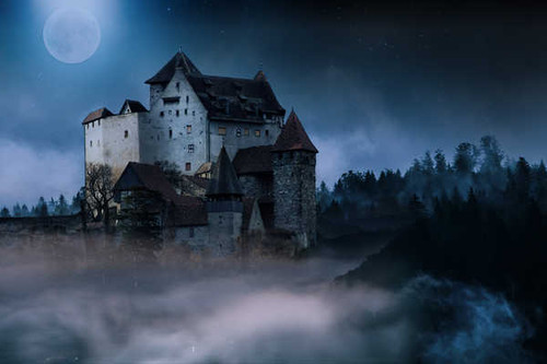 Jual Poster Castle Fog Full Moon Night Castles Castle1 APC