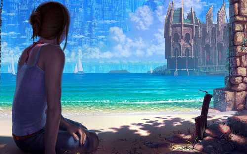 Poster Beach Boat Building Girl Anime Girl APC