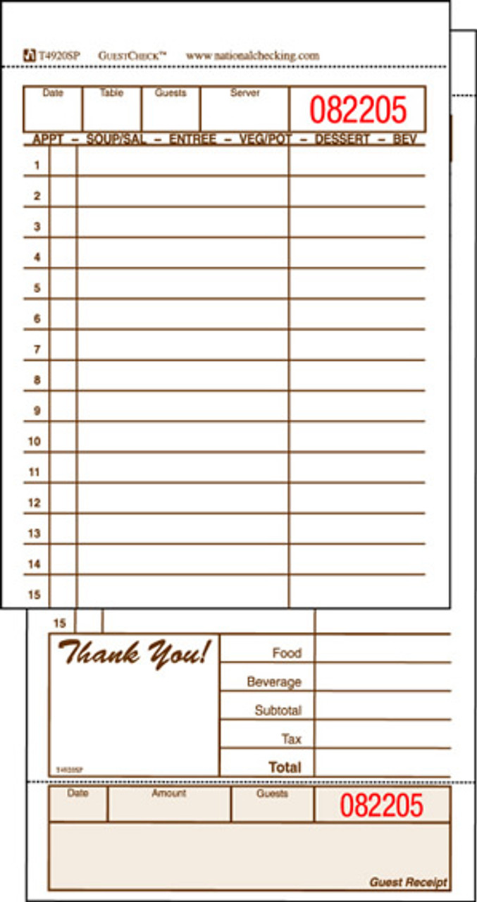 National Checking T4920 Guest Check - Tan - 2 Part  - 4.2" x 8.5"