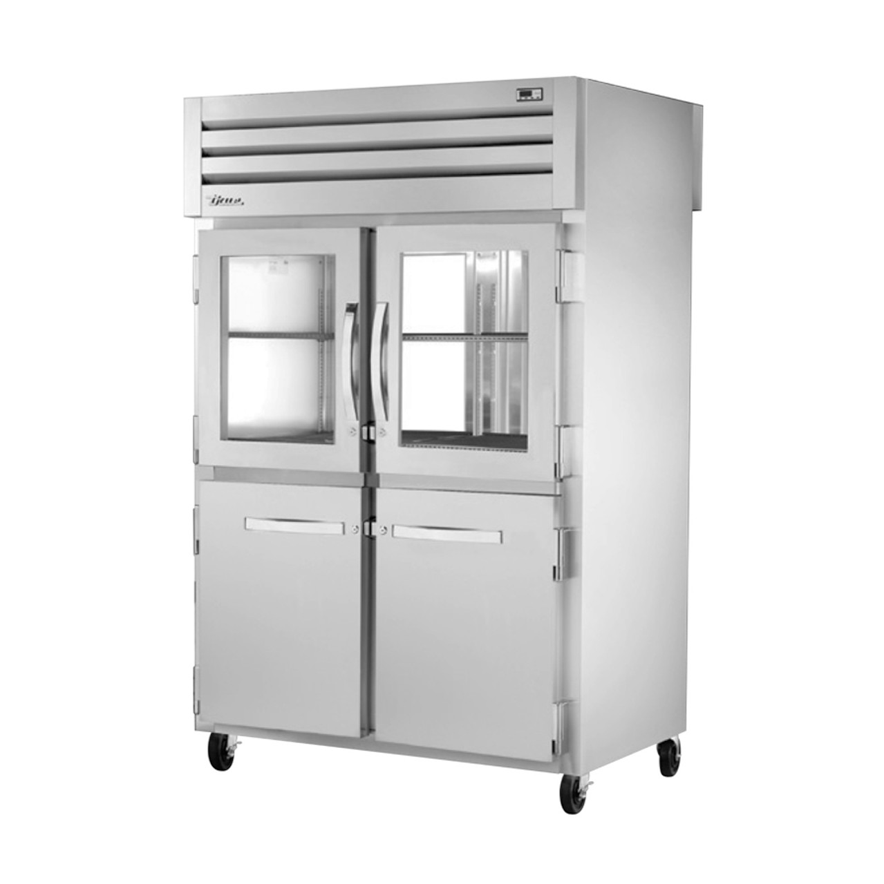 True Manufacturing STG2RPT-2HG/2HS-2G-HC Spec Series 2 Section Refrigerated Pass Thru with Half Glass and Solid Front and Full Glass Rear Doo