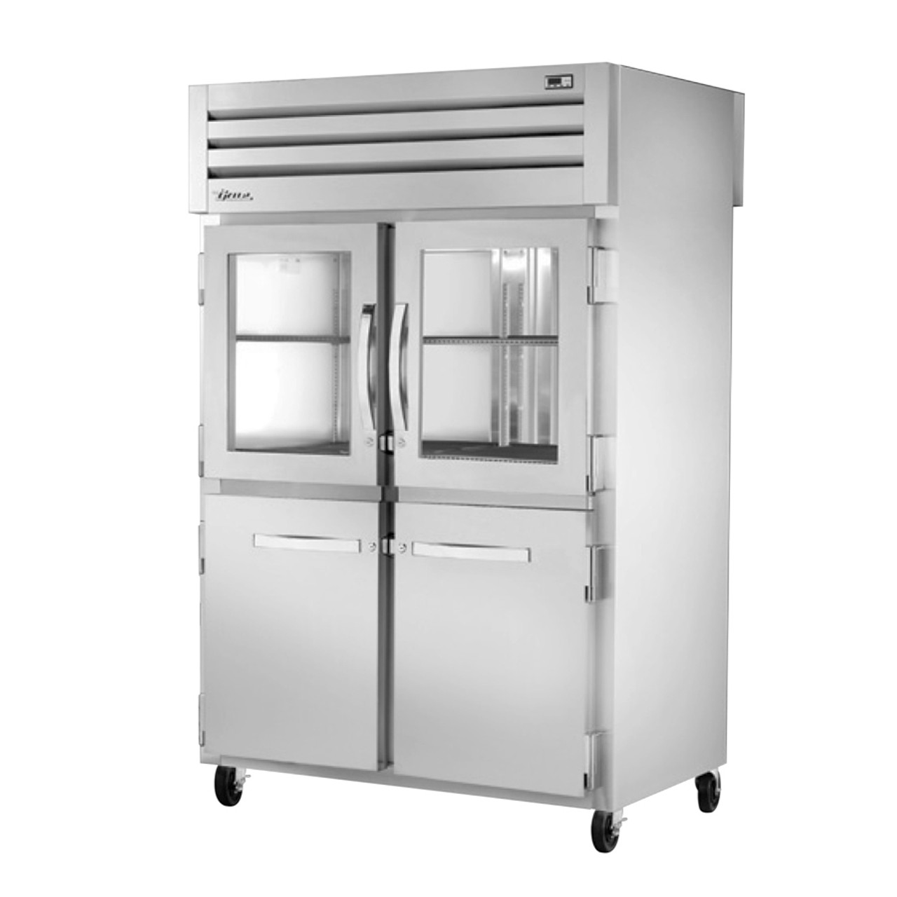 True Manufacturing STA2RPT-2HG/2HS-2S-HC Spec Series 2 Section Refrigerated Pass Thru with Half Front Doors - Glass and Solid - Solid Rear Door