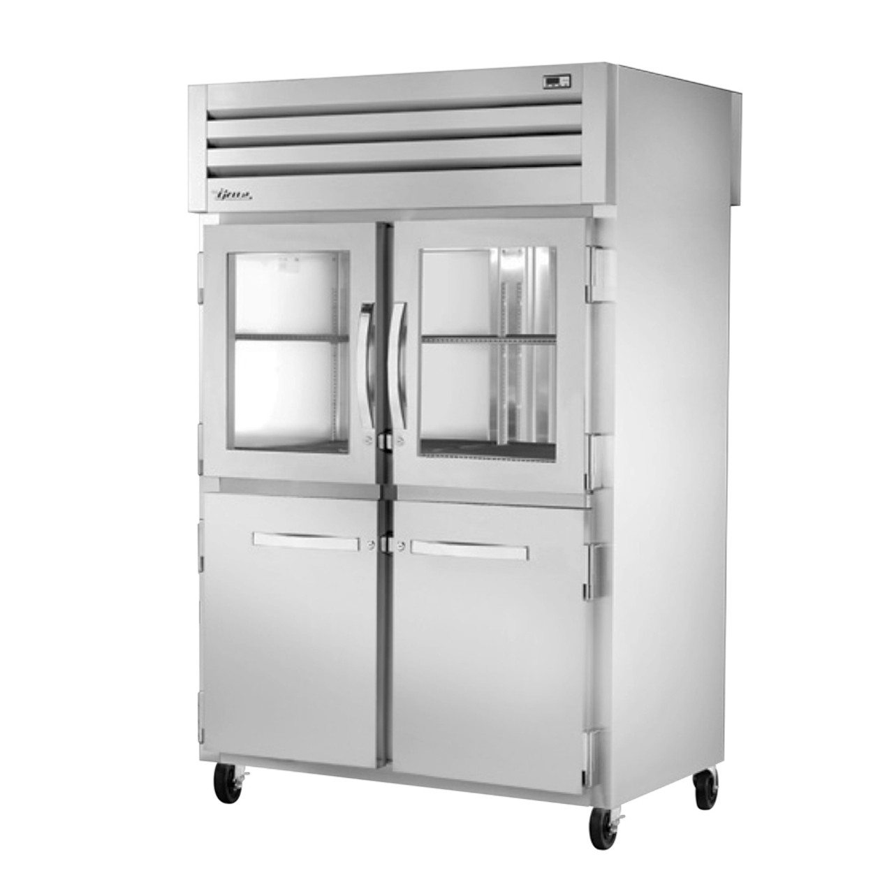 True Manufacturing STG2RPT-2HG/2HS-2S-HC Spec Series 2 Section Refrigerated Pass Thru with Half Glass & Solid Front with Full Solid Rear Door