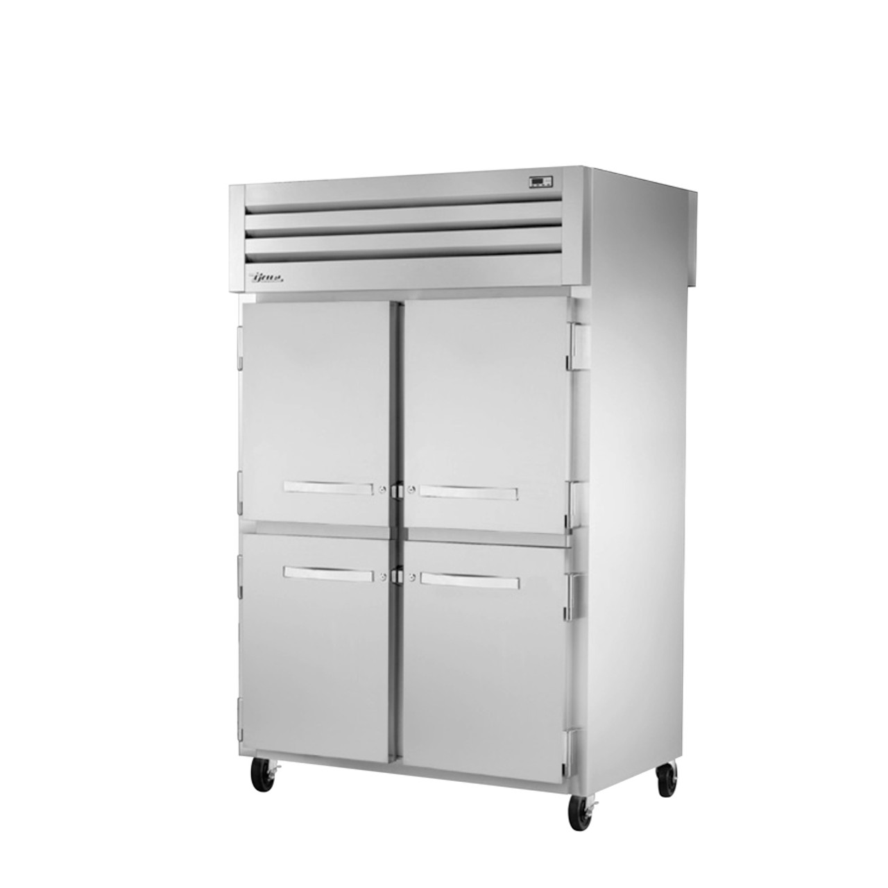 True Manufacturing STG2RPT-4HS-2G-HC Spec Series 2 Section Refrigerated Pass Thru with Half Height Solid Front and Full Glass Rear Doors