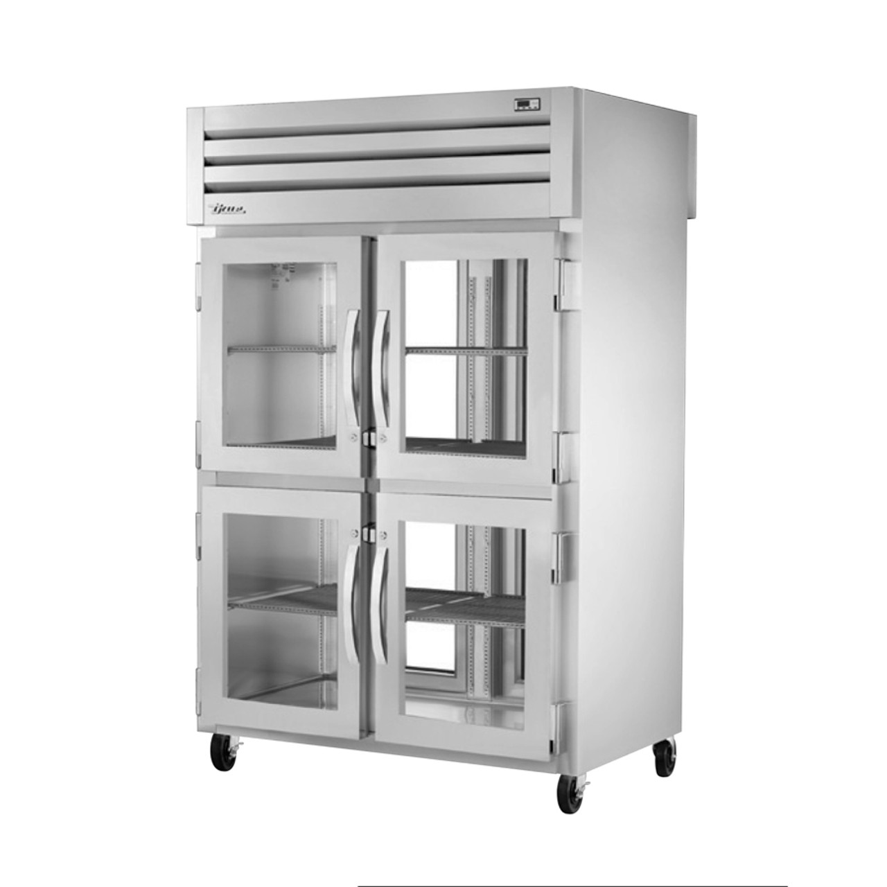 True Manufacturing STR2RPT-4HG-2G-HC Spec Series 2 Section Refrigerated Pass Thru with Half Height Glass Front and Full Glass Rear Doors