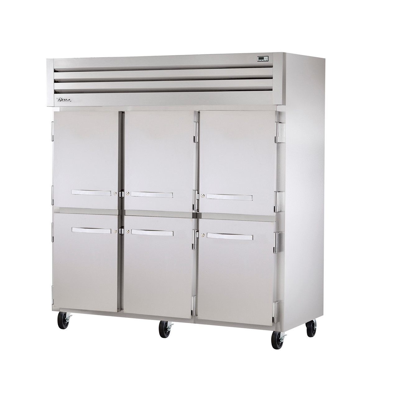 True Manufacturing STG3R-6HS Spec Series 3 Section Refrigerator with Half Height Solid Doors - Aluminum Sides & Interior