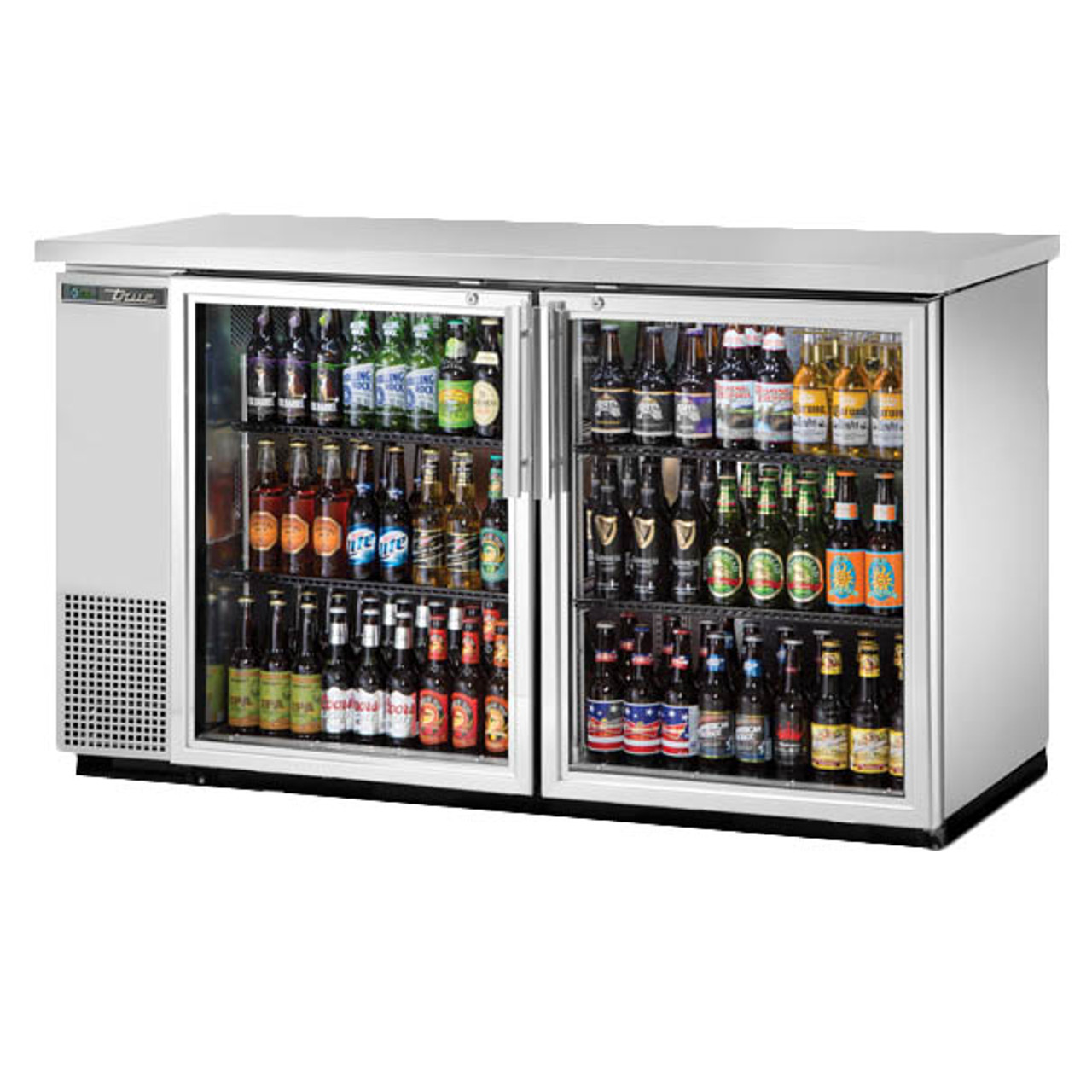 True Manufacturing TBB-24-60G-S-HC-LD Back Bar Cooler Stainless Steel Exterior - 2 Glass Door - 61" Wide - 24" Deep