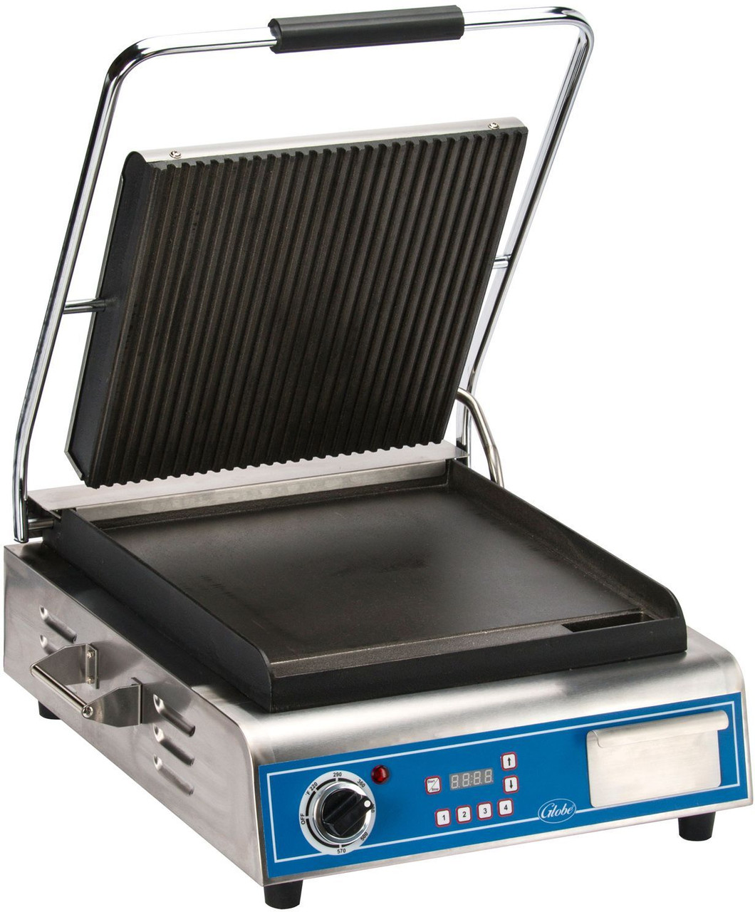 Globe GPGS1410 Iron 14" x 10" Panini Grill w/ Grooved & Smooth Plates