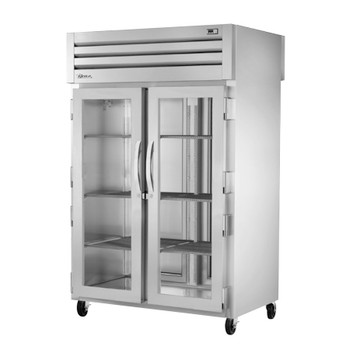 True Manufacturing STG2RPT-2G-2S-HC Spec Series 2 Section Refrigerated Pass Thru with Glass Front and Solid Rear Doors - Aluminum Sides True Manufacturing STG2RPT-2G-2S-HC Spec Series 2 Section Refrigerated Pass Thru with Glass Front and Solid Rear Doors - Aluminum Sides