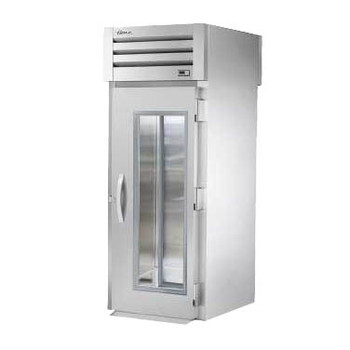 True Manufacturing STG1RRT-1G-1S Spec Series 1 Section Roll Thru Refrigerator with Glass Front and Solid Rear Doors - Aluminum Sides True Manufacturing STG1RRT-1G-1S Spec Series 1 Section Roll Thru Refrigerator with Glass Front and Solid Rear Doors - Aluminum Sides