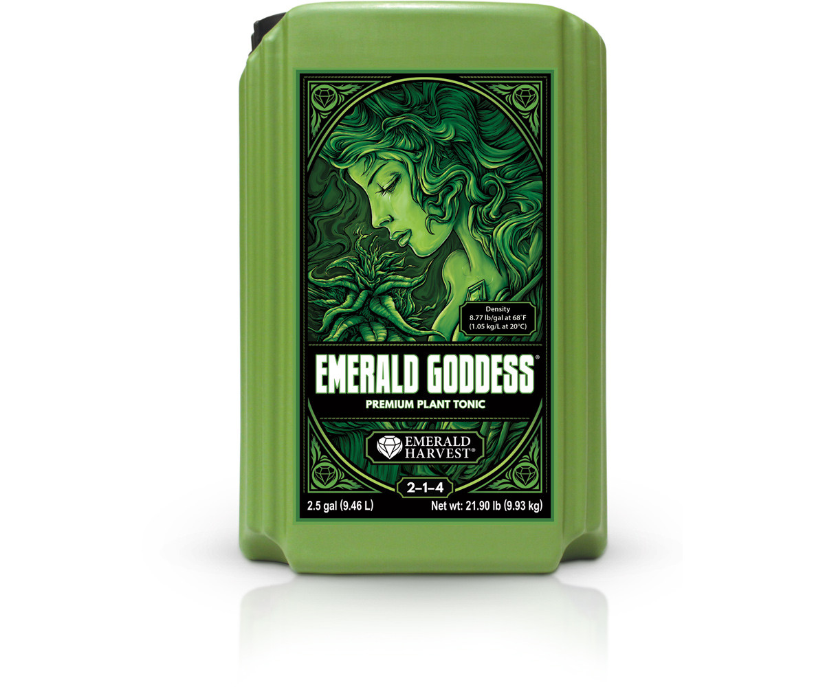 Emerald Harvest Emerald Goddess 2.5 gallon jug of plant tonic concentrate on a white background