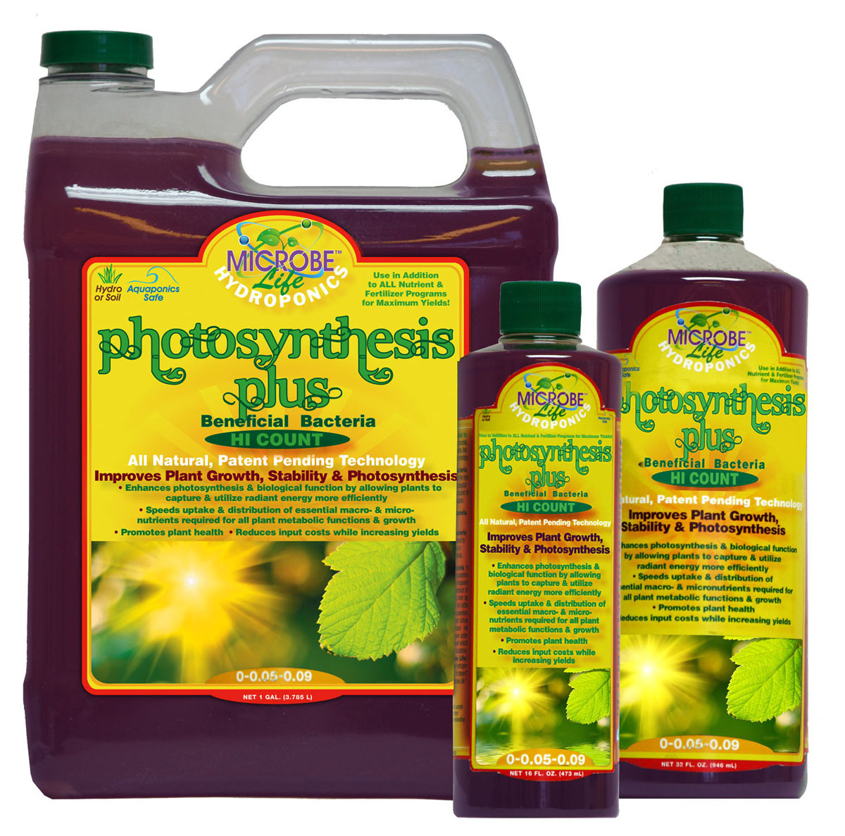 Microbe Life Photosynthesis Plus 1 gallon bottle, white label with green and blue branding