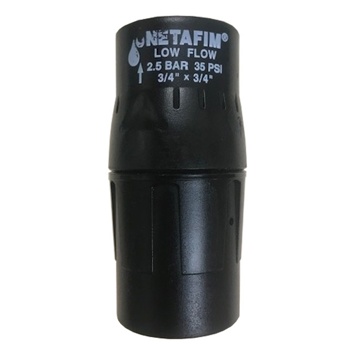 Netafim 3/4 inch low flow pressure regulator, grey plastic body with female threaded inlet and outlet ports