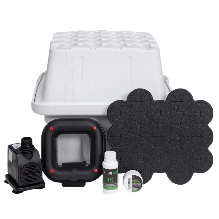 EZ-CLONE Low Pro 16 System white aeroponic cloning unit showing white reservoir, numbered lid with clone collar sites, and water pump assembly