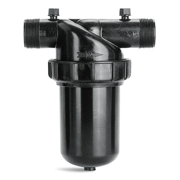 Netafim manual disc filter 1.5-inch MPT showing stacked disc ring element and reinforced polyamide housing