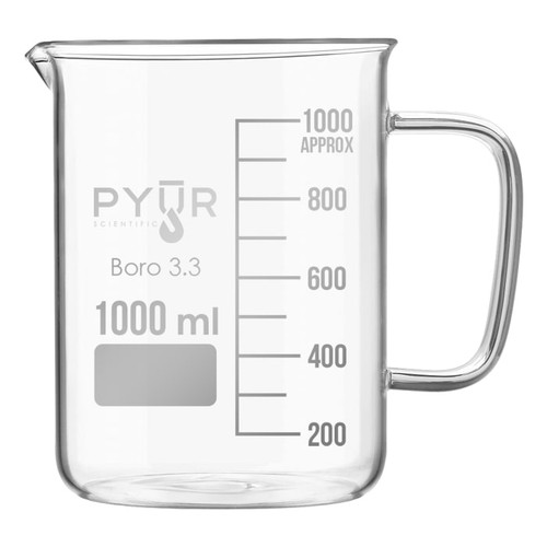 Pyur Scientific Low Form Glass Beaker w/ Graduations, Handle, and Spout 1000ml – 6 pack