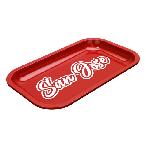 Med Dope Trays x San Jose – Red background white logo  