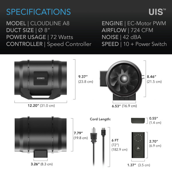 AC INFINITY CLOUDLINE LITE A8, Quiet Inline Fan with Speed Controller, 8-Inch