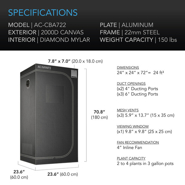 AC INFINITY CLOUDLAB 722, Advance Grow Tent 2x2, 2000D Diamond Mylar Canvas, 24" x 24" x 72"