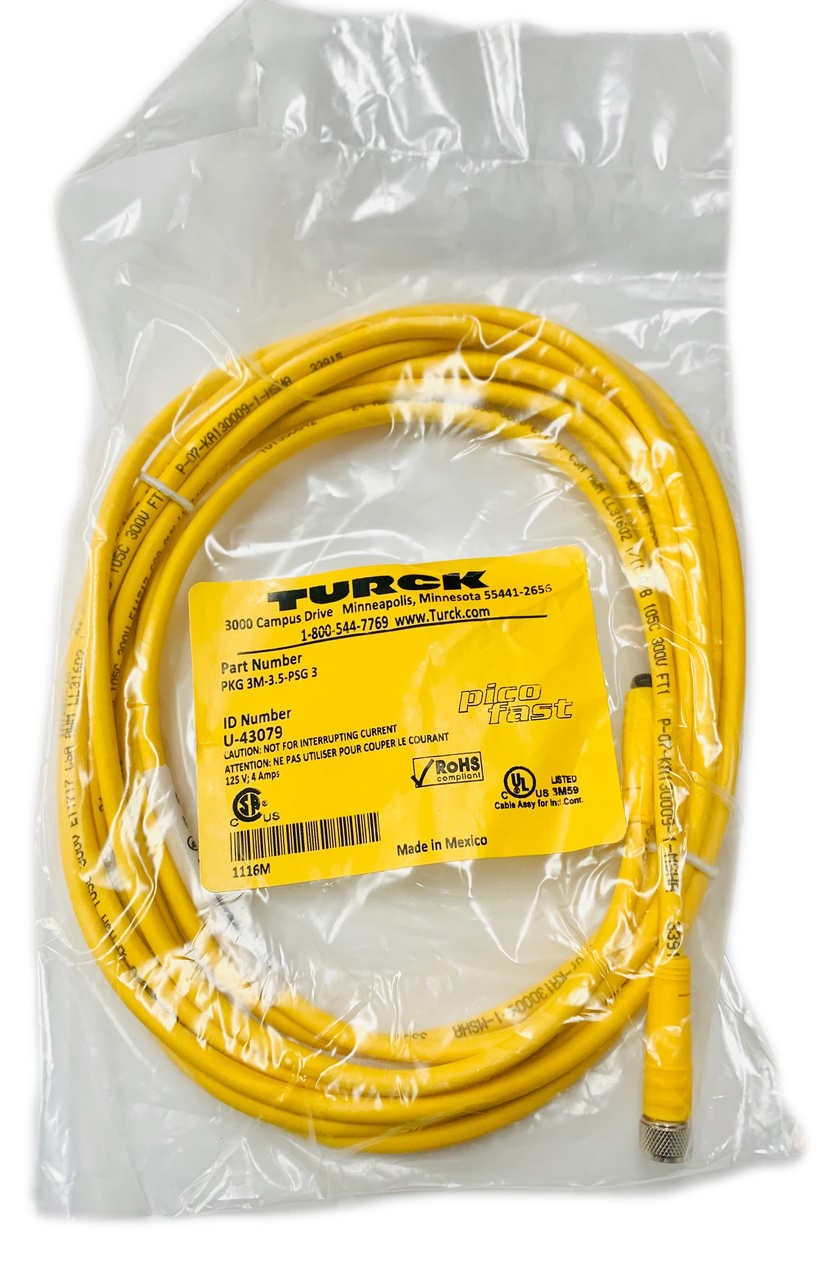 PKG 3M-3.5-PSG 3  Cable Straight, M8 Female, 24 AWG, Cordset, Number of Wires=3, U-43079, RoHS