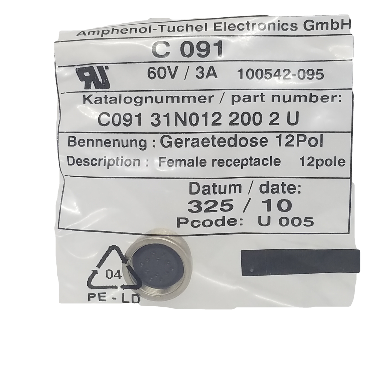 C09131N0122002U  Conn Circular F 12 POS Solder ST Panel Mount 12 Terminal 1 Port