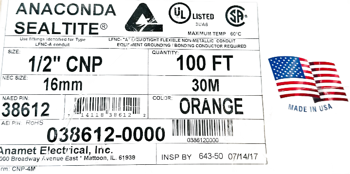 38612 Anaconda Sealtite Flexible Conduit, 1/2" CNP, Orange. Nonconductive Conduit Liquid-Tight Flexible Non-Metallic Conduit - 038612-0000