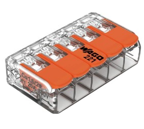 221-415 Splicing Connector; for all conductor types; max. 4 mm²; 5-conductor; with levers; transparent housing; Surrounding air temperature: max 85°C (T85); 4,00 mm²; transparent, Bulk, RoHS
