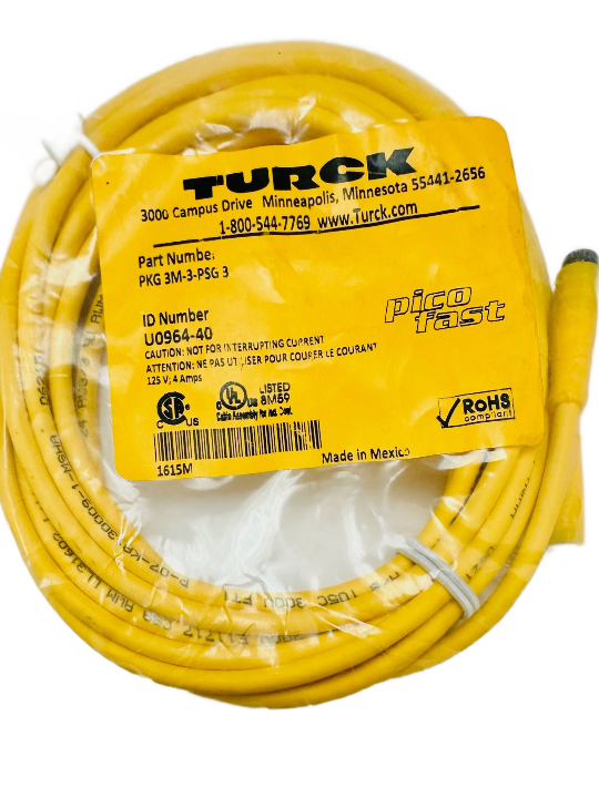 PKG 3M-3-PSG 3, U0964-40 M8; Picofast, Female Connector, Straight, Nickel Plated Brass, 3x24 AWG, M8x1 threaded coupling nut, 3, Picofast Cordset, Male Connector, Straight, Nickle Plated Brass, 3x24 AWG, Male Snap Lock, PKG3M-3-PSG3